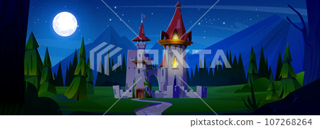 Night medieval castle against mountain landscape Night medieval castle against mountain landscape 107268264