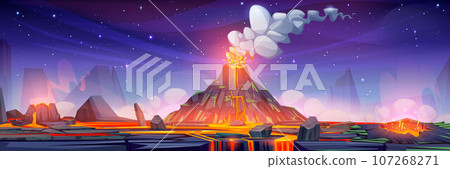 Volcanic eruption on night rocky landscape Volcanic eruption on night rocky landscape 107268271
