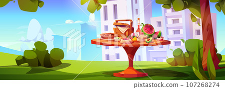 Picnic basket in park on table with food cartoon Picnic basket in park on table with food cartoon 107268274