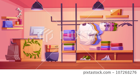 Cloth boutique interior with clothes and shoes 107268276