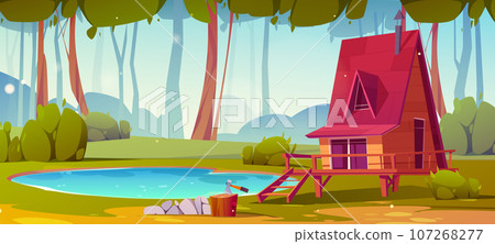 Hut on stilt near pond nature game background 107268277