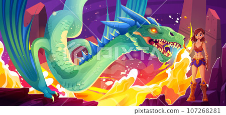 Girl caress fantasy dragon magic fire vector scene Girl caress fantasy dragon magic fire vector scene 107268281