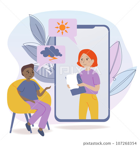 Woman consulting psychologist online. Doctor and patient discussing mental issues, using smartphone for distance talk. Vector illustration for counseling, therapy, psychology, support concept. Woman consulting psychologist online. Doctor and patient discussing mental issues, using smartphone for distance talk. Vector illustration for counseling, therapy, psychology, support concept. 107268354