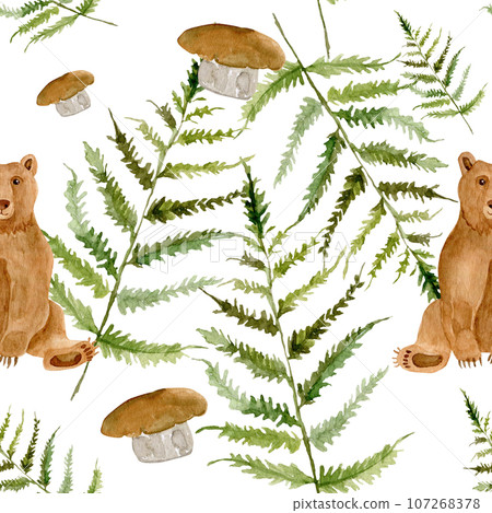 Seamless pattern wild forest animal, bear, mushrooms, fern. Forest flora and fauna watercolor hand print isolated on white background. Drawing bear Seamless pattern wild forest animal, bear, mushrooms, fern. Forest flora and fauna watercolor hand print isolated on white background. Drawing bear 107268378