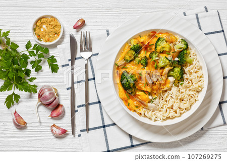 ramen noodle with chicken, broccoli and cheese ramen noodle with chicken, broccoli and cheese 107269275