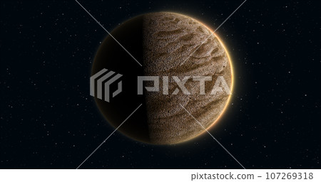 Abstract realistic space planet round sphere with a stone relief surface in space against the background of stars Abstract realistic space planet round sphere with a stone relief surface in space against the background of stars 107269318