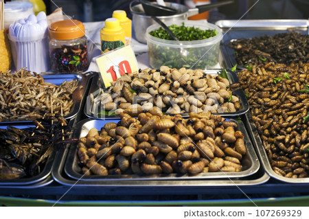 Thai food fried worms and insects, market Thai food fried worms and insects, market 107269329