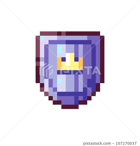 Pixel Art Shield Icon. 8bit Retro Game Knight Steel Armor, Sticker. Vintage 80s, 90s Arcade Video Game Style Element for Game Asset or Sprite, Interface Symbol, or decorative pattern. 107270037