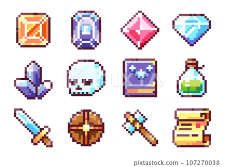 Pixel Art Y2K Adventure Set. 8bit Weapons, - Stock