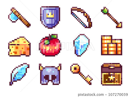 Pixel Art Game Adventure Icons. 8bit style stickers of Pixelated Game Assets - Axe, Shield, Bow, Arrow, Apple, Crystal, Coins. Helmet, Chest, Treasures, Key for Retro 80s Arcade Games. Isolated Vector Pixel Art Game Adventure Icons. 8bit style stickers of Pixelated Game Assets - Axe, Shield, Bow, Arrow, Apple, Crystal, Coins. Helmet, Chest, Treasures, Key for Retro 80s Arcade Games. Isolated Vector 107270039