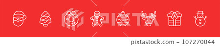Christmas and New Year Line Art Vector Icons Set of Christmas Decorations. Santa, Tree, Wreath, Reindeer, Snowman, and Festive Decorations for Web and Print Design. 107270044