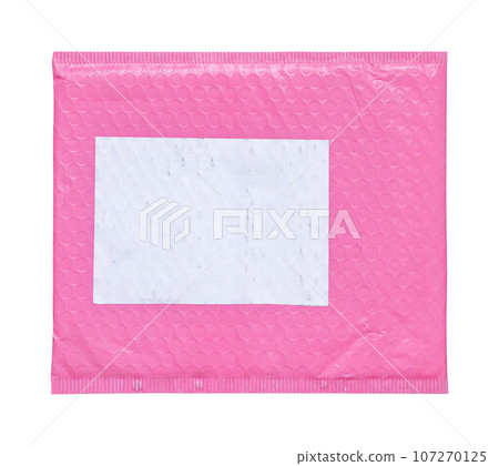 Pink plastic wrap air bubble packaging envelope with blank label sticker isolated on white background Pink plastic wrap air bubble packaging envelope with blank label sticker isolated on white background 107270125