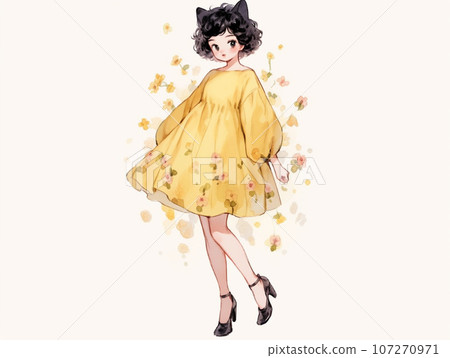 Girl in a stylish yellow dress with cat ears Girl in a stylish yellow dress with cat ears 107270971