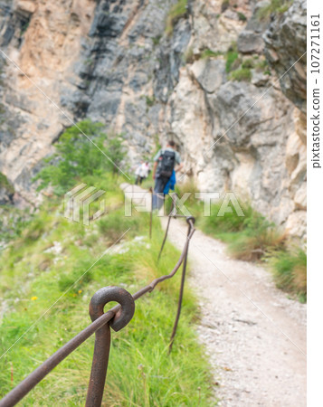 Rope and shackles anchored in hard dolomite limestone rock. Climbers path via ferrata. 107271161