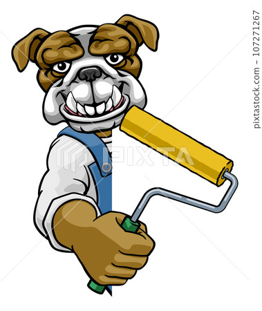 Bulldog Painter Decorator Paint Roller Mascot Man 107271267