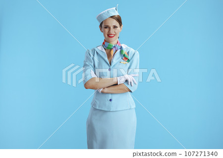 happy modern female air hostess on blue happy modern female air hostess on blue 107271340