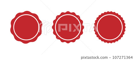 Red circle seal stamp icons. Vintage wavy edge circle sticker. Star burst shape tags. Blank sale round sticker. Simple circle red wax seal. Vector illustrations set isolated on white background 107271364