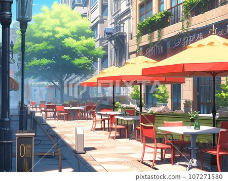Cafe scenery with red parasols 107271580