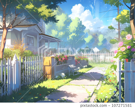 Scenery of a residential area with flowers 107271581