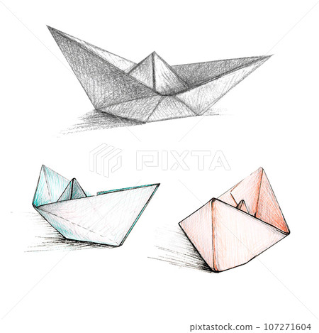 Watercolor illustration set of three paper boats hand-drawn isolated on white background. Sketch picture of small toy ships in different colors for icon logo design postcards. Small origami yachts 107271604