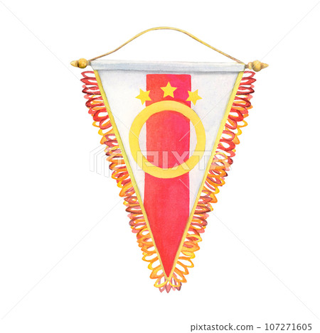 Watercolor drawing of football pennant with yellow circle and yellow stars. Red and white lines of streamer painted on white background. Illustration for soccer fan. For logo banner icon card sticker  107271605