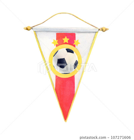 Watercolor drawing of football pennant with ball and yellow stars. Red and white lines of streamer painted on white background. Illustration for soccer fans. For logo banner icon card leaflet sticker  107271606