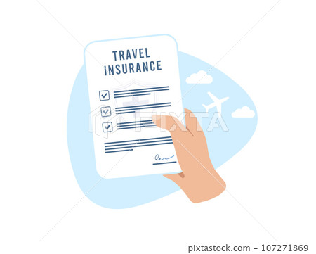 Travel Insurance concept. Drawn hand holds medical or travel insurance contract document. Vector illustration isolated on white background with icons Travel Insurance concept. Drawn hand holds medical or travel insurance contract document. Vector illustration isolated on white background with icons 107271869