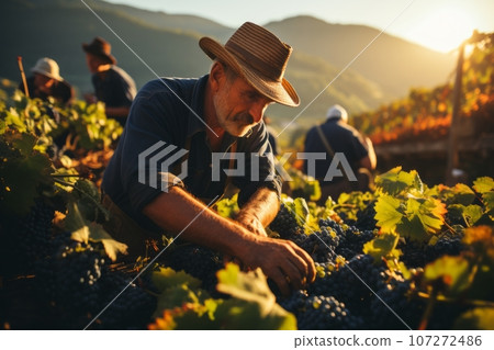 An vineyard workers harvesting grapes, capturing the essence of the traditional winemaking process. Generative Ai 107272486