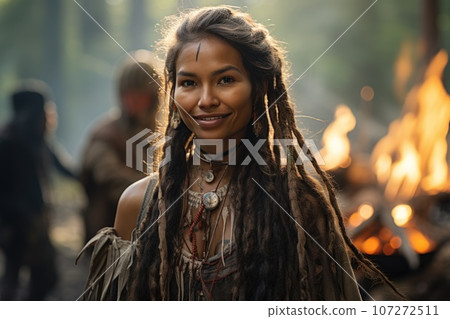 Portrait of native American woman in a village at a in the forests. Generative Ai 107272511