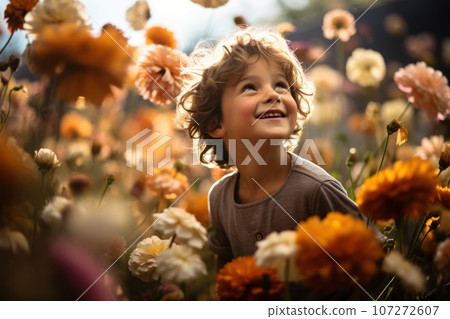 A child playing in a field of flowers. Generative Ai 107272607