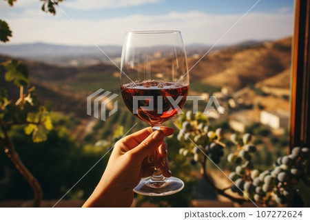 A close-up shot of hands holding a glass of red wine against the backdrop of beautiful grapevines and rolling hills. Generative ai 107272624