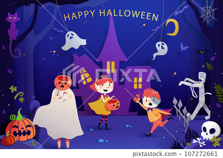 Paper art Halloween illustration 107272661