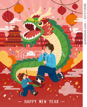CNY festive dragon dance poster 107272696