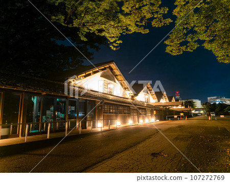 Beautiful illuminated Sankyo Warehouse in Sakata City in the summer, a historic building Beautiful illuminated Sankyo Warehouse in Sakata City in the summer, a historic building 107272769