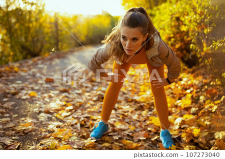 modern female in fitness clothes in park stretching 107273040