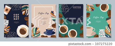 Set of Sketch banners with coffee beans and leaves on colorful background for menu, cover, poster or another template design. vector illustration. 107273220