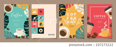 Set of Sketch banners with coffee beans and leaves on colorful background for menu, cover, poster or another template design. vector illustration. 107273222