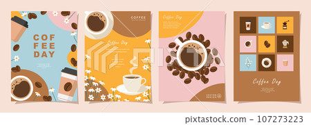 Set of Sketch banners with coffee beans and leaves on colorful background for menu, cover, poster or another template design. vector illustration. 107273223