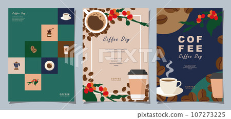 Set of Sketch banners with coffee beans and leaves on colorful background for menu, cover, poster or another template design. vector illustration. 107273225
