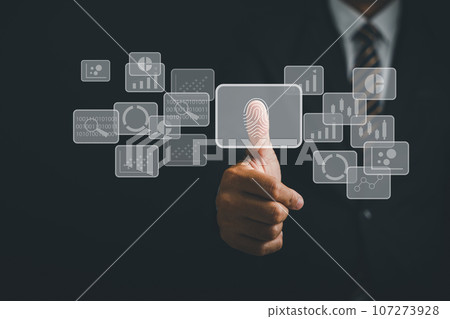 Enhance security with a thumbs up and virtual fingerprint scan. Biometric identity verification and access password for advanced technology security. Protect your personal information with confidence. 107273928