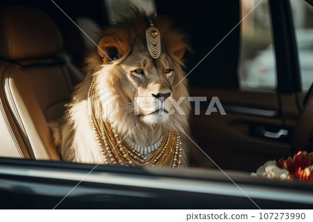 Adventurous feline the lion king perched in the seat of a car, taking in the sights and sounds of an African safari. AI Generative. 107273990