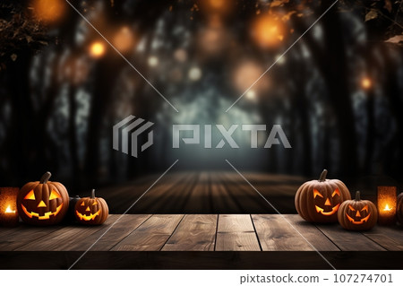 Empty wooden table top with Halloween pumpkin, Jack O'Lantern. Copy space for your object, product presentation. Display, promotion, advertising. Empty scene. Happy Halloween. Generative AI. Empty wooden table top with Halloween pumpkin, Jack O'Lantern. Copy space for your object, product presentation. Display, promotion, advertising. Empty scene. Happy Halloween. Generative AI. 107274701
