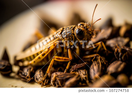 Fried edible insects on a plate. Crickets as snack, good source of protein. Entomophagy, insectivory concept. Close up view. Generative AI. Fried edible insects on a plate. Crickets as snack, good source of protein. Entomophagy, insectivory concept. Close up view. Generative AI. 107274758
