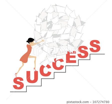 Success in business concept. Businesswoman pushing a big ball of papers up to success. Word success Success in business concept. Businesswoman pushing a big ball of papers up to success. Word success 107274780