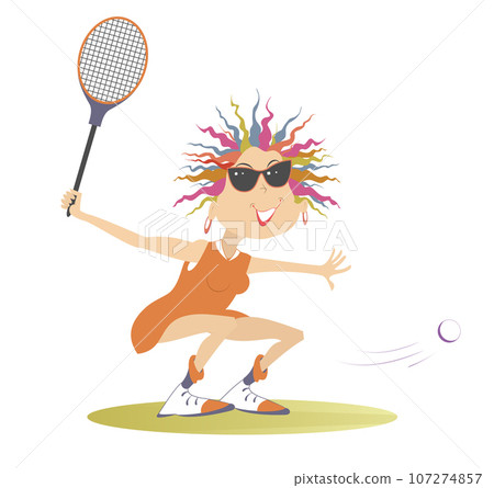 Young woman playing tennis. Young woman in sunglasses with a tennis racket beats a ball. Isolated on white background Young woman playing tennis. Young woman in sunglasses with a tennis racket beats a ball. Isolated on white background 107274857