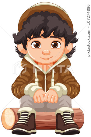 Cheerful Boy in Cartoon Hoodie Sitting on Wooden Log Cheerful Boy in Cartoon Hoodie Sitting on Wooden Log 107274886
