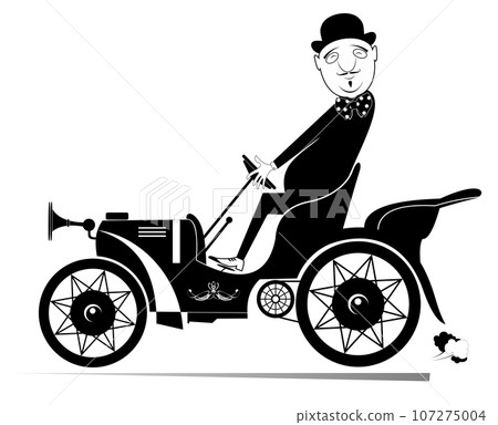 Cartoon man drives a retro car. Funny long mustache man in the bowler hat driving cabriolet. Black and white illustration 107275004