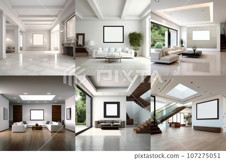 Set of canvas mockup in minimalist interior background with armchair and rustic decor, 3d render Set of canvas mockup in minimalist interior background with armchair and rustic decor, 3d render 107275051