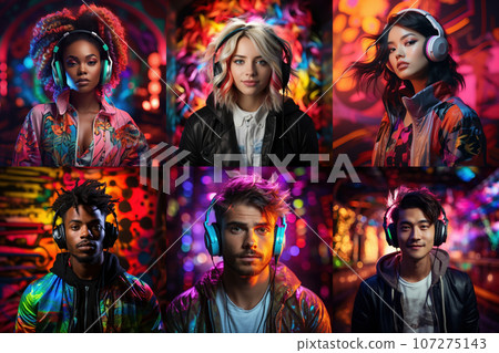 Portrait of men and women of different races, skin colors and hair colors in headphones listening. 107275143