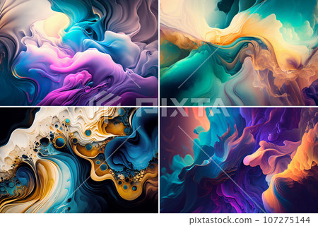 Closeup of the painting. Set of Alcohol ink modern abstract painting, modern contemporary art. 107275144